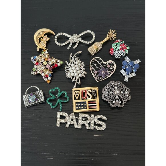 Lot of 13 Vintage & Non-Vintage Brooches/Pins Rhinestone & Enamel Accents Bling - Picture 1 of 14